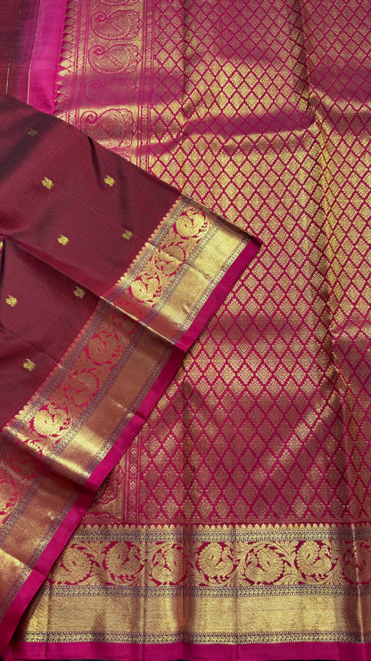 MAROON WITH CONTRAST PINK GOLD ZARI HANDLOOM KANICHIPURAM SILK SAREE (KSS345)