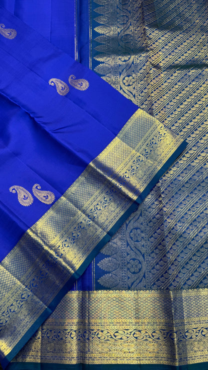 ROYAL BLUE WITH CONTRAST PEACOCK BLUE GOLD ZARI HANDLOOM KANCHIPURAM SILK SAREE (KSS369)
