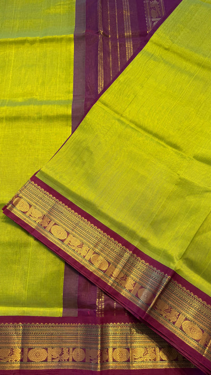 LIME GREEN WITH DARK MAROON HANDLOOM KANCHIPURAM SILK COTTON (KSC97)