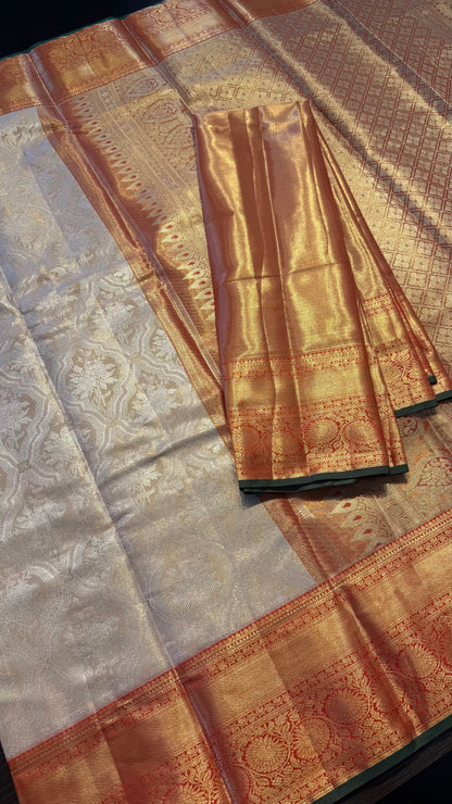 CORAL PEACH WITH CONTRAST RED SEMI SILK KANCHIPURAM SILK SAREE (SSKS60)