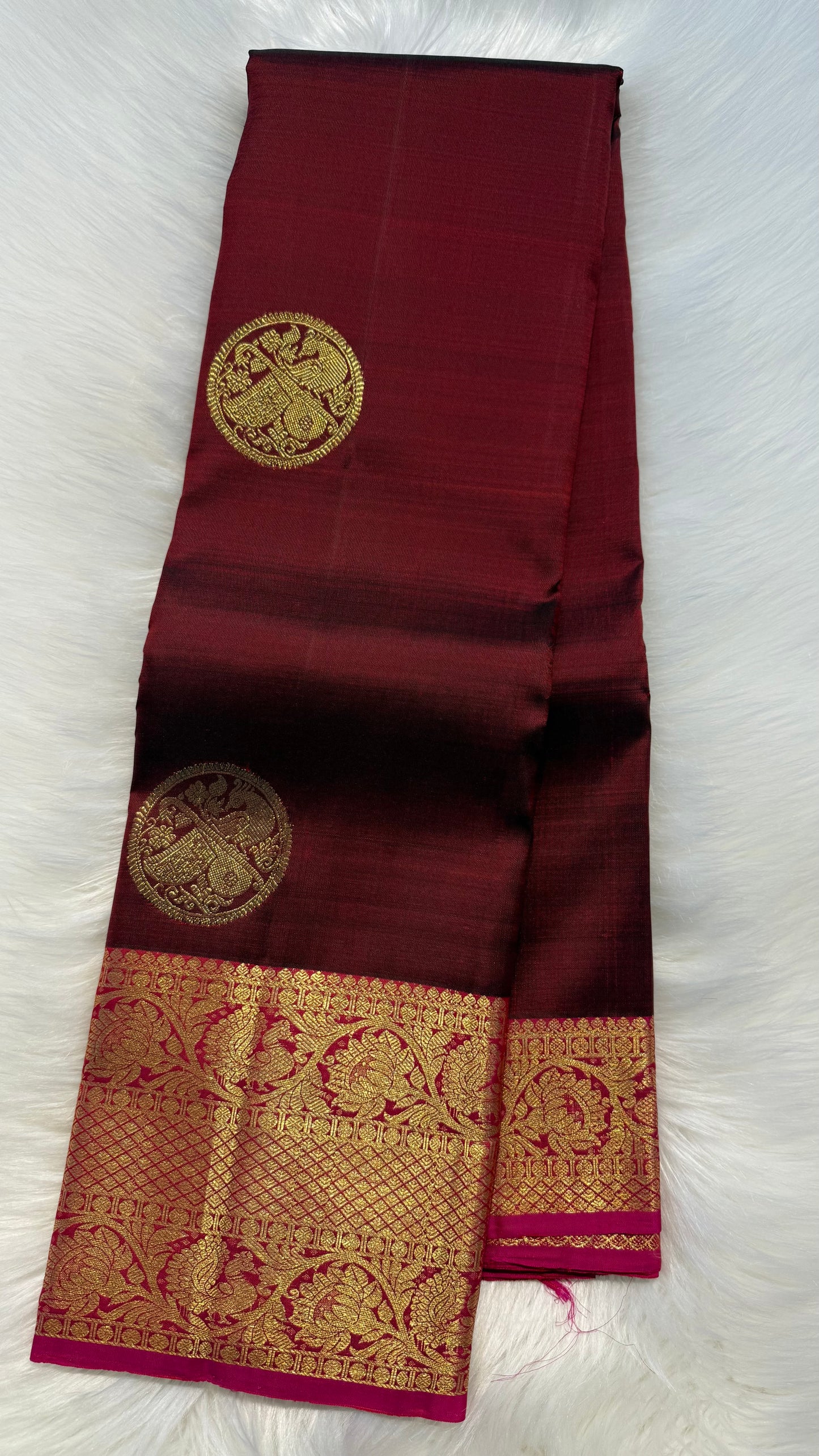 MAROON WITH CONTRAST PINK GOLD ZARI HANDLOOM KANCHIPURAM SILK SAREE (KSS401)