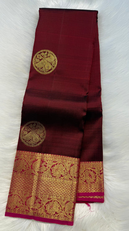 MAROON WITH CONTRAST PINK GOLD ZARI HANDLOOM KANCHIPURAM SILK SAREE (KSS401)