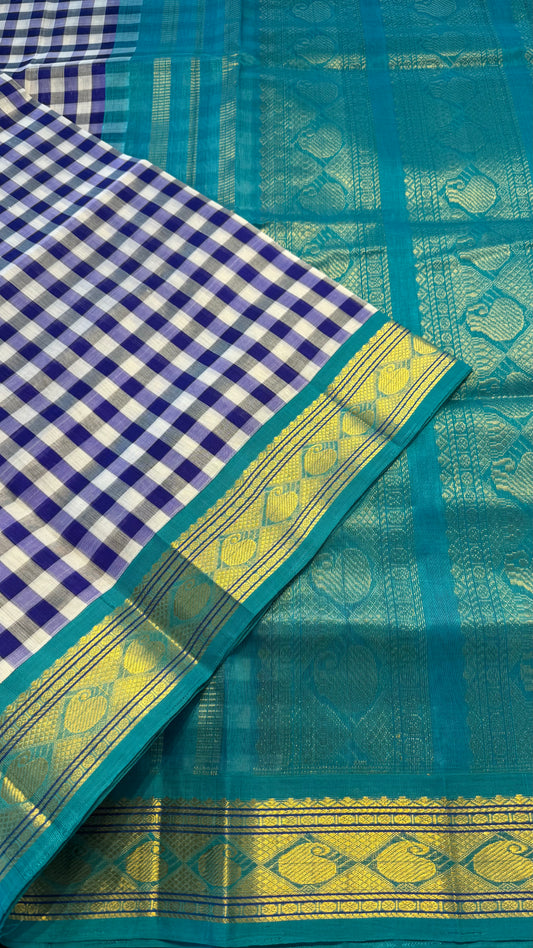 INK BLUE & WHITE KATTAM WITH CONTRAST TURQUIOSE BLUE KANCHIPURAM SILK COTTON (KSC39)