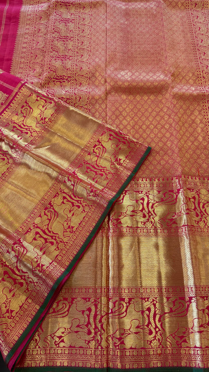DUAL TONE PINK CHECKED GOLD ZARI HANDLOOM KANICHIPURAM SILK SAREE (KSS274)