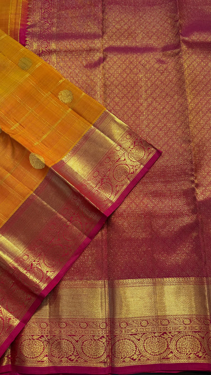MANGO YELLOW CHECKED WITH CONTRAST PINK GOLD ZARI HANDLOOM KANCHIPURAM SILK SAREE (KSS422)
