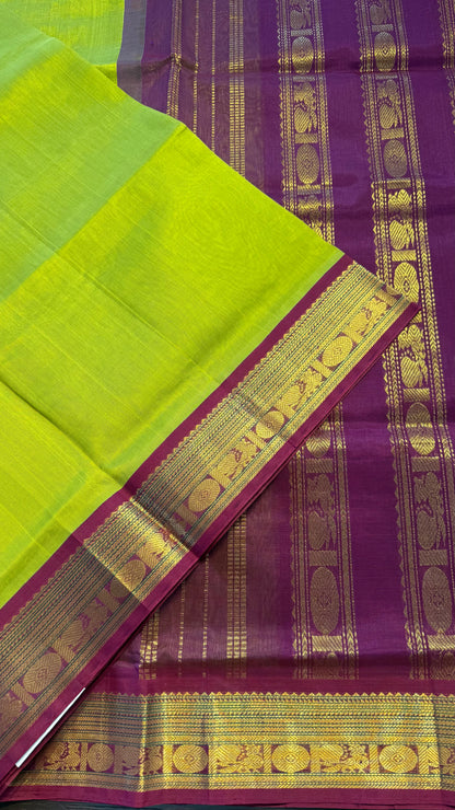 LIME GREEN WITH DARK MAROON HANDLOOM KANCHIPURAM SILK COTTON (KSC97)