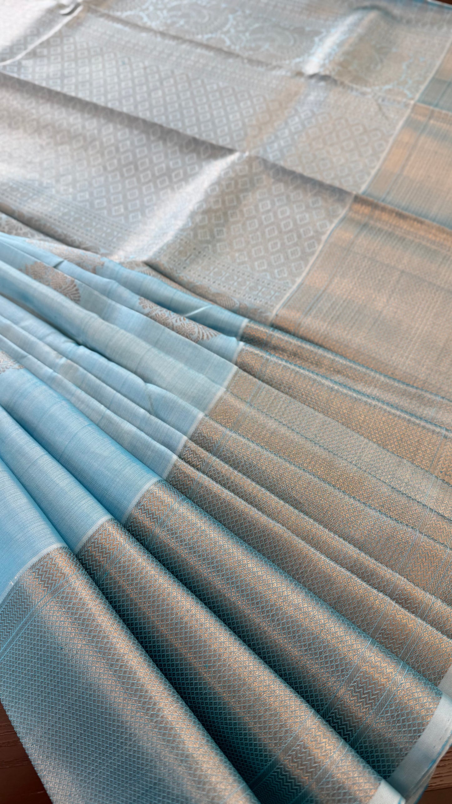 PASTEL BLUE ROSE GOLD ZARI HANDLOOM PURE KANICHIPURAM SILK SAREE (KSS220)