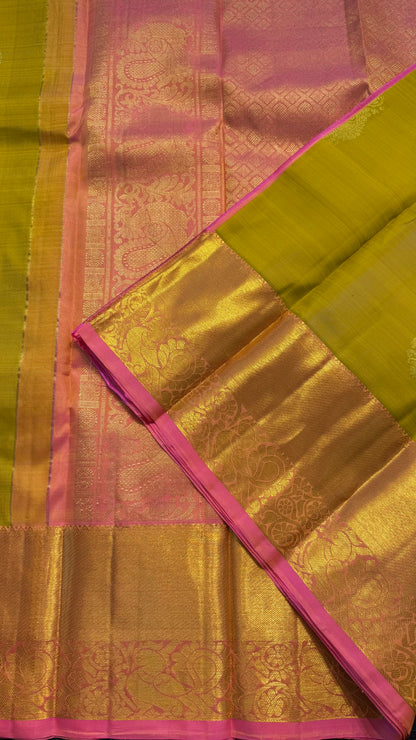 LIME YELLOW WITH CONTRAST SALMON PINK HANDLOOM KANCHIPURAM SILK SAREE (KSS396)