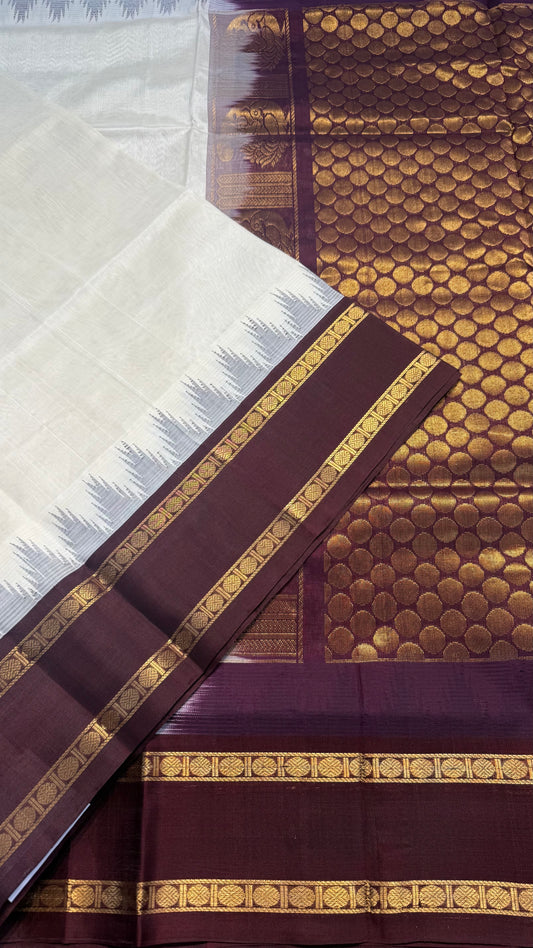 CREAM WITH MAROON TRADITIONAL RETTAI PETTA BORDER HANDLOOM KANCHIPURAM SILK COTTON (KSC43)