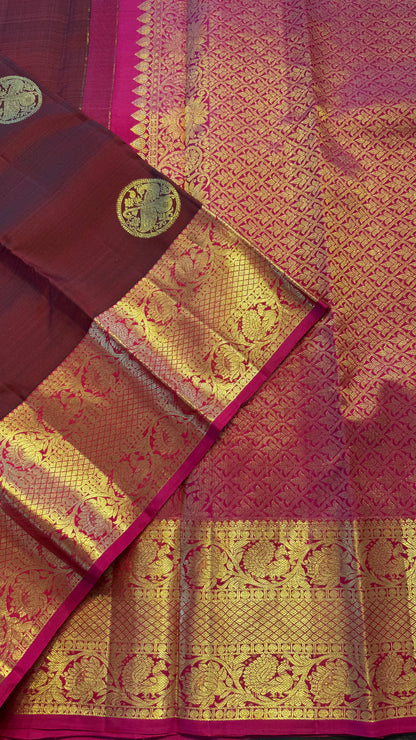 MAROON WITH CONTRAST PINK GOLD ZARI HANDLOOM KANCHIPURAM SILK SAREE (KSS401)