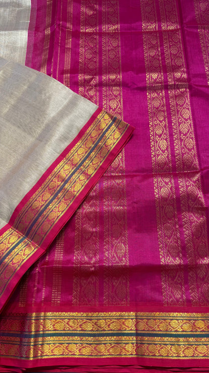 BEIGE WITH PINK HANDLOOM KANCHIPURAM SILK COTTON (KSC113)