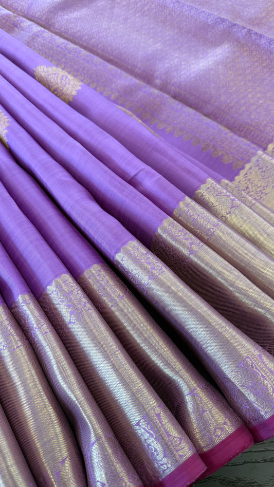 LILAC WITH CONTRAST PINK GOLD ZARI HANDLOOM KANICHIPURAM SILK SAREE (KSS206)