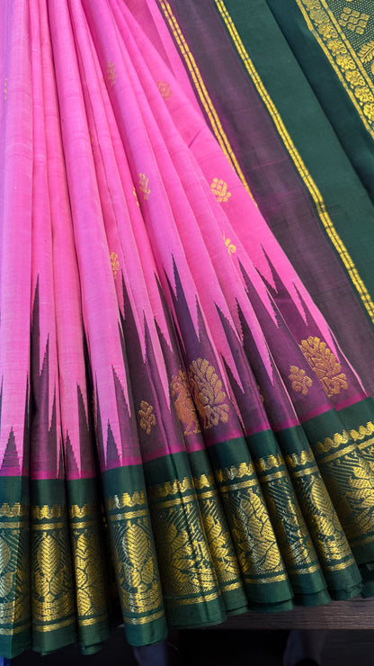 PINK WITH CONTRAST GREEN PURE HANDLOOM KANCHIPURAM SINGLE SIDE BORDER SILK SAREE (KSSB36)