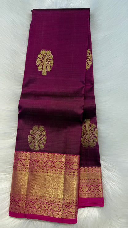 WINE PURPLE WITH CONTRAST PINK GOLD ZARI HANDLOOM KANCHIPURAM SILK SAREE (KSS381)