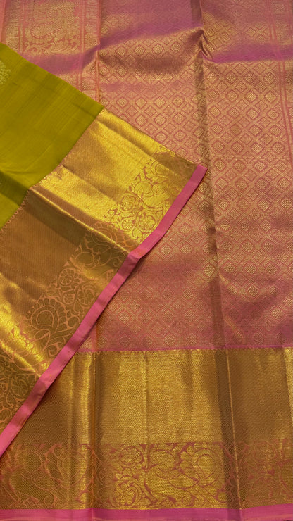 LIME YELLOW WITH CONTRAST SALMON PINK HANDLOOM KANCHIPURAM SILK SAREE (KSS396)