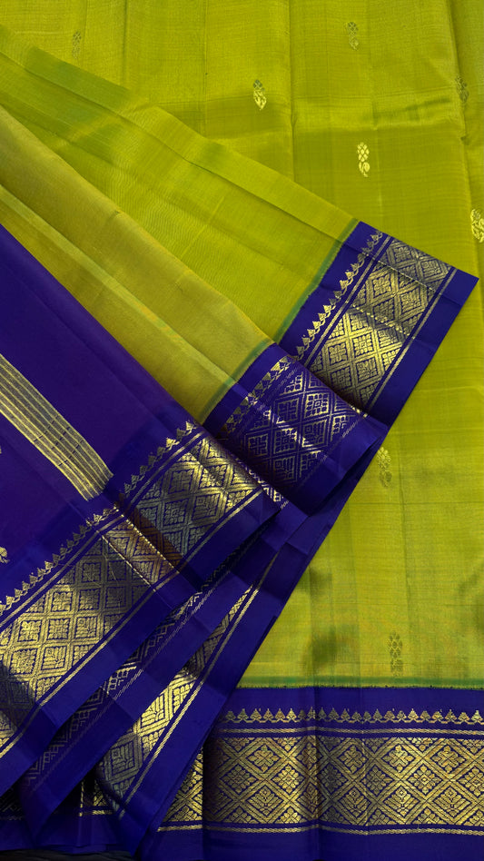 GREEN WITH CONTRAST PURPLE PURE HANDLOOM KANCHIPURAM SINGLE SIDE BORDER SILK SAREE (KSSB12)