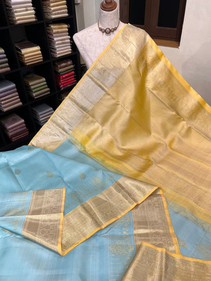 POWDER BLUE CONTRAST LIGHT YELLOW KANCHIPURAM HANDLOOM SILK SAREE