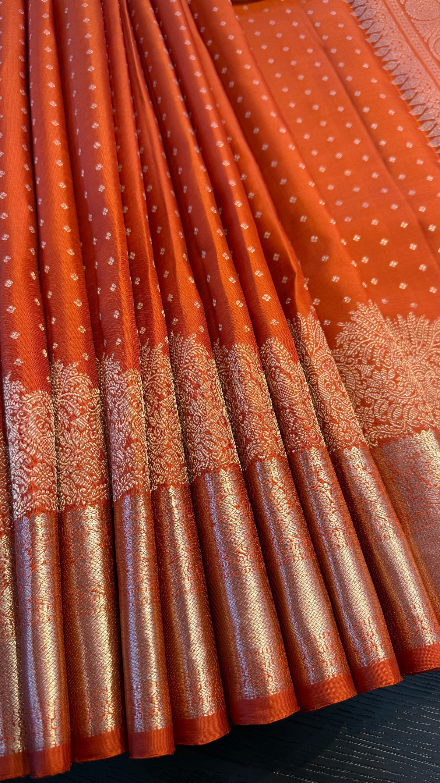 RUST ORANGE SELF CHAMPAGNE GOLD ZARI HANDLOOM KANCHIPURAM SILK SAREE (KSS91)