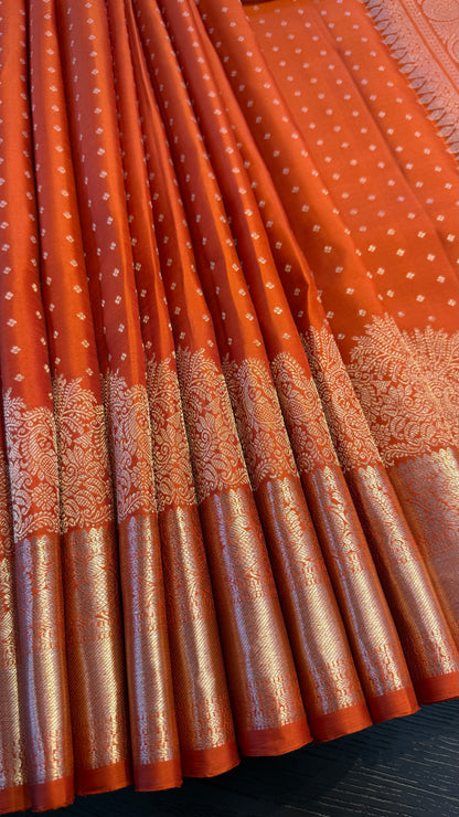 RUST ORANGE SELF CHAMPAGNE GOLD ZARI HANDLOOM KANCHIPURAM SILK SAREE (KSS91)