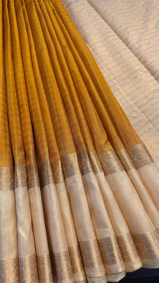 MUSTARD CHECKED WITH CONTRAST CREAM RETTAI PETTA GOLD ZARI HANDLOOM KANICHIPURAM SILK SAREE (KSS271)