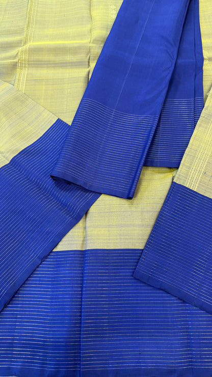 OLIVE GREEN WITH CONTRAST NAVY BLUEY GOLD ZARI HANDLOOM KANICHIPURAM SILK SAREE (KSS141)