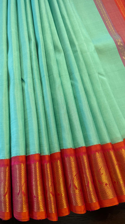 MINT GREEN WITH CONTRAST KANAKAMBARAM ORANGE HANDLOOM KANCHIPURAM SILK SAREE (KSS 497))