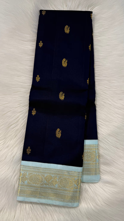 NAVY BLUE WITH CONTRAST ICE BLUE GOLD ZARI HANDLOOM KANCHIPURAM SILK SAREE (KSS294)