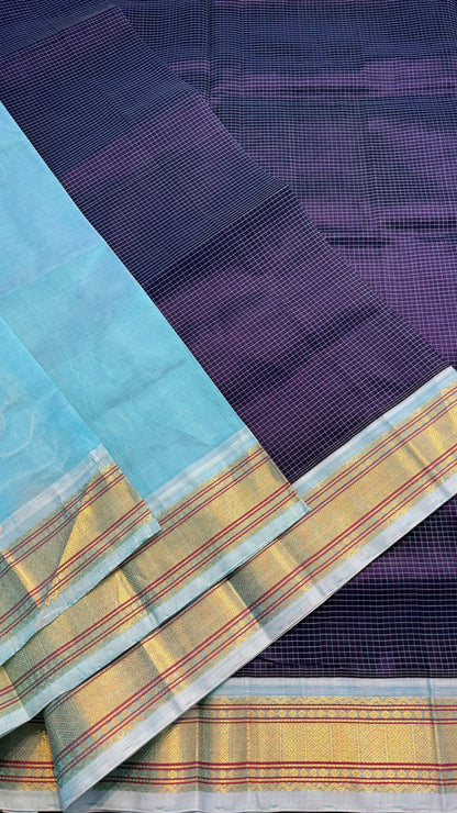 CHECKED PURPLE WITH PASTEL MINT HANDLOOM KANCHIPURAM SILK COTTON (KSC76)