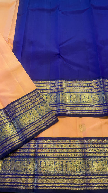PEACH WITH CONTRAST PURPLE GOLD ZARI HANDLOOM KANCHIPURAM SILK SAREE (KSS464)