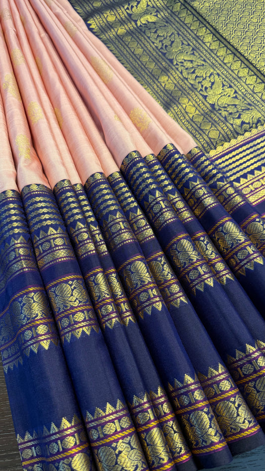 NUDE PINK WITH CONTRAST DEEP BLUE GOLD ZARI HANDLOOM KANICHIPURAM SILK SAREE (KSS128)