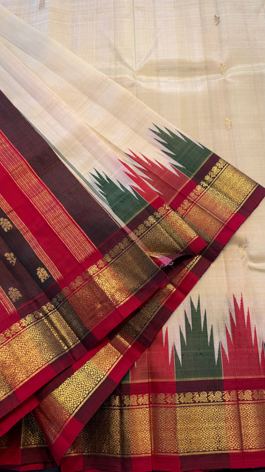 LIGHT YELLOW WITH CONTRAST RED PURE HANDLOOM KANCHIPURAM SINGLE SIDE BORDER SILK SAREE (KSSB37)