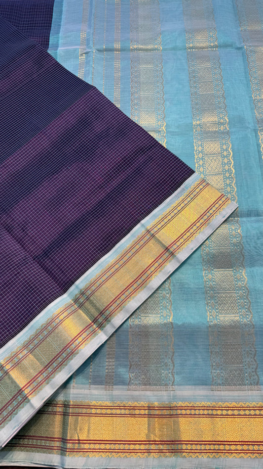CHECKED PURPLE WITH PASTEL MINT HANDLOOM KANCHIPURAM SILK COTTON (KSC76)