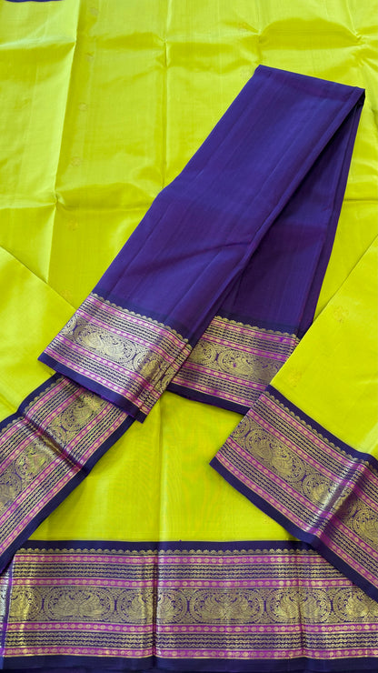 LIME YELLOW WITH CONTRAST PURPLE GOLD ZARI HANDLOOM KANICHIPURAM SILK SAREE (KSS171)