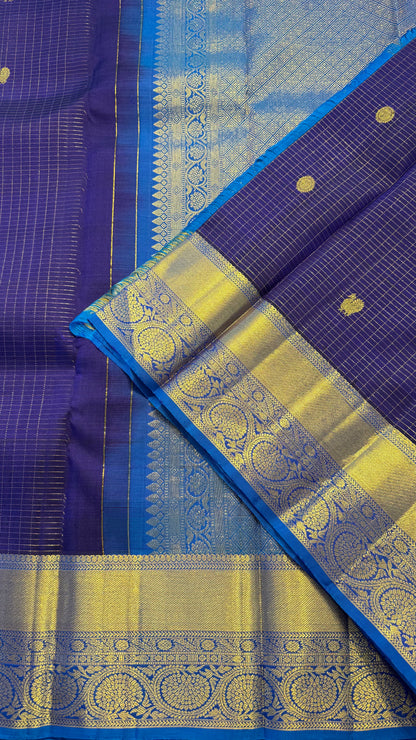 CHECKED NAVY BLUE WITH CONTRAST ROYAL BLUE GOLD ZARI HANDLOOM KANCHIPURAM SILK SAREE (KSS425)