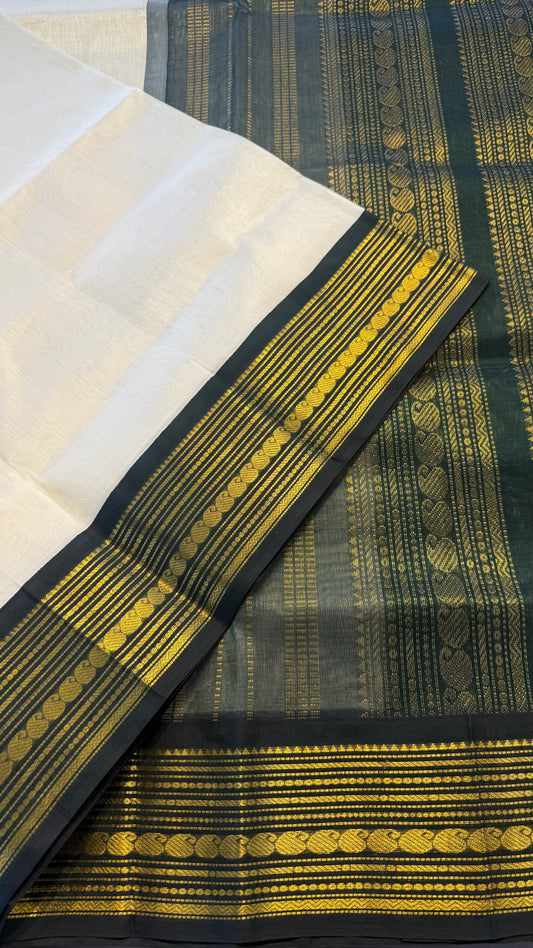 OFF WHITE WITH CONTRAST GREEN KANCHIPURAM SILK COTTON (KSC35)