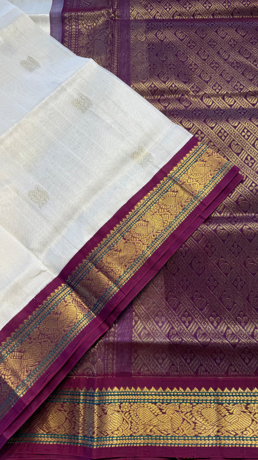 CREAM WITH MAGENTA HANDLOOM KANCHIPURAM SILK COTTON (KSC111)