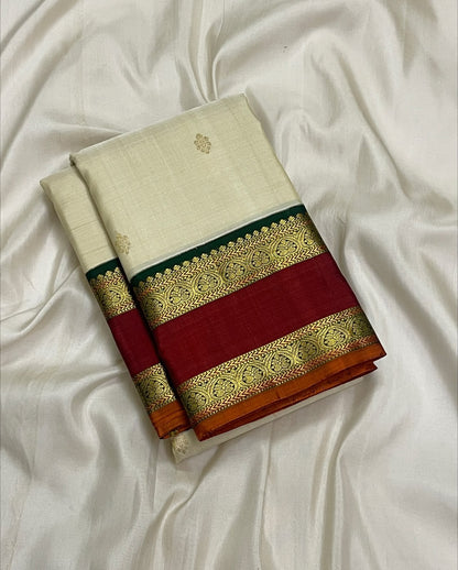 SOFT IVORY CREAM WITH RETTA PETTA DARK GREEN & MAROON TRADITIONAL BORDER PURE KANCHIPURAM HANDLOOM SILK SAREE KSC 02