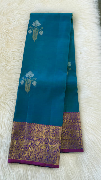 TEAL BLUE GREEN WITH CONTRAST PURPLE GOLD ZARI HANDLOOM KANICHIPURAM SILK SAREE (KSS153)