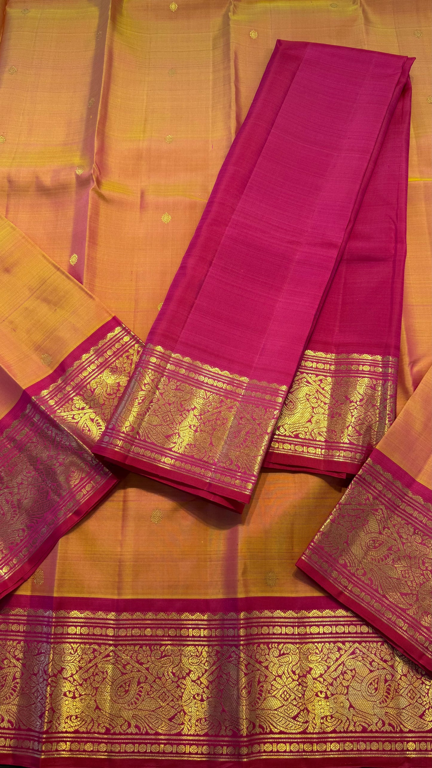DUAL TONE YELLOW WITH PINK GOLD ZARI HANDLOOM KANICHIPURAM SILK SAREE (KSS175)