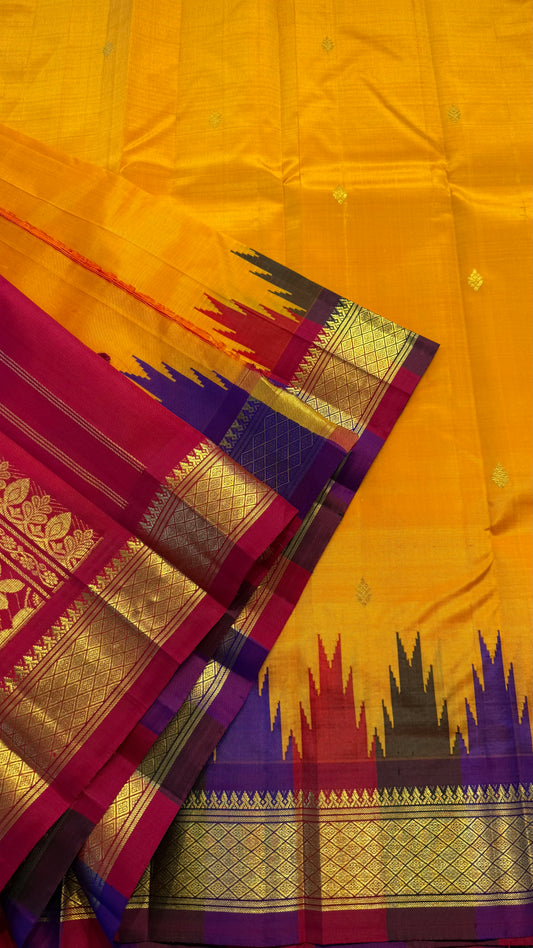 YELLOW WITH CONTRAST PURPLE AND PINK PURE HANDLOOM KANCHIPURAM SINGLE SIDE BORDER SILK SAREE (KSSB35)