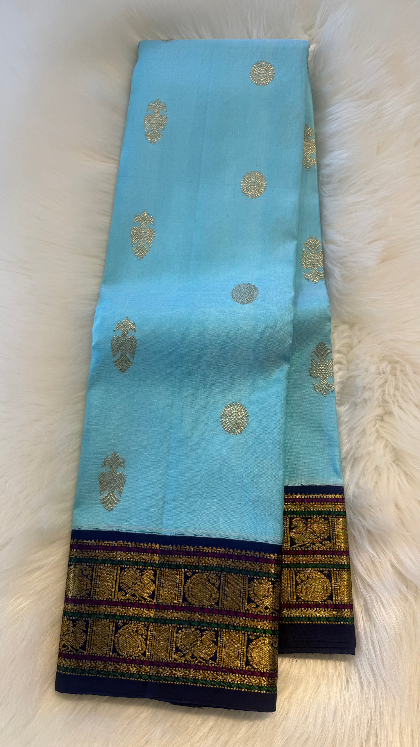 SKY BLUE WITH CONTRAST INDIGO PURPLE GOLD ZARI HANDLOOM KANCHIPURAM SILK SAREE (KSS 499)