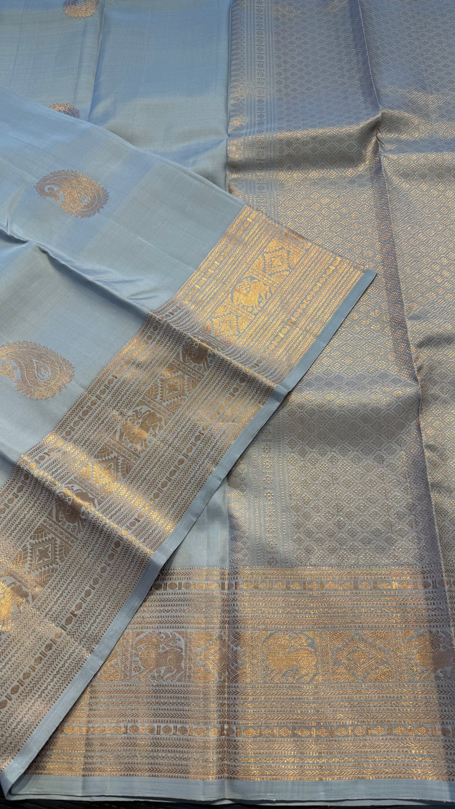 ASH GREY WITH COPPER ZARI BORDER PURE HANDLOOM KANCHIPURAM SILK SAREE (KSS 493)