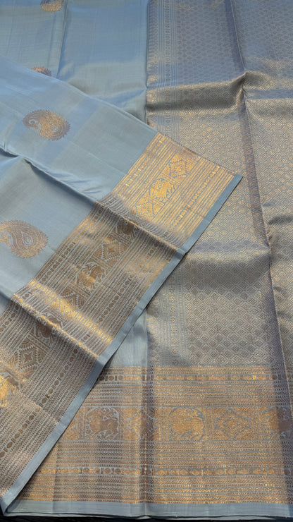ASH GREY WITH COPPER ZARI BORDER PURE HANDLOOM KANCHIPURAM SILK SAREE (KSS 493)