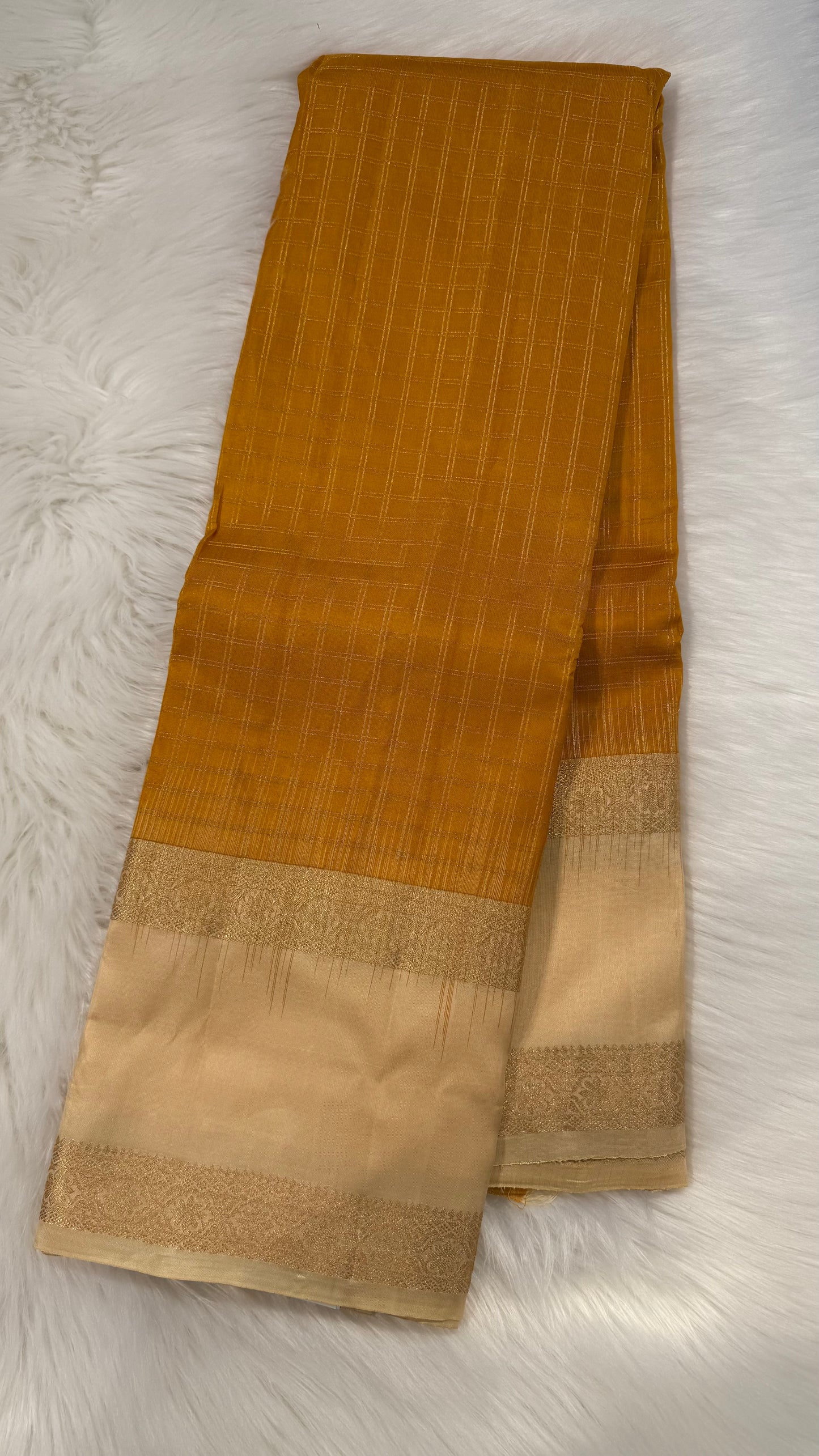 MUSTARD CHECKED WITH CONTRAST CREAM RETTAI PETTA GOLD ZARI HANDLOOM KANICHIPURAM SILK SAREE (KSS271)