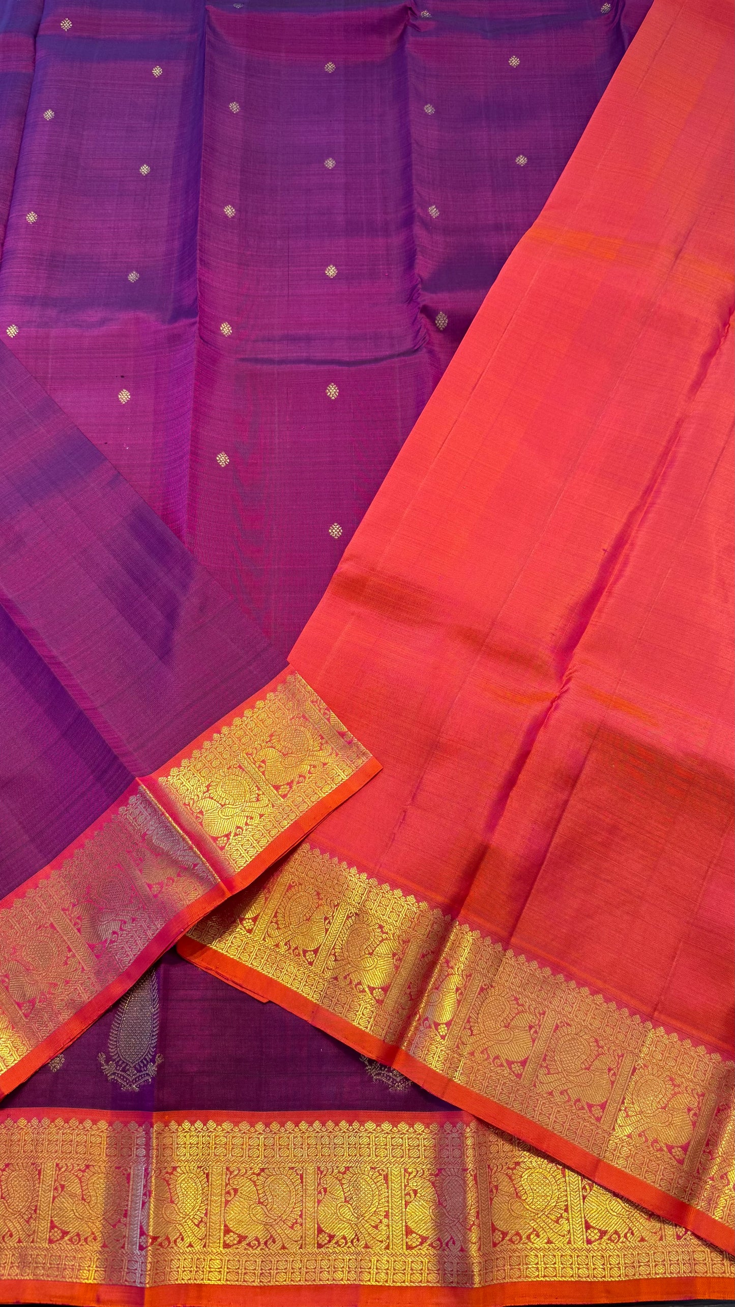 DARK RASBERRY WITH CONTRAST KANAKAMBARAM ORANGE GOLD ZARI HANDLOOM KANICHIPURAM SILK SAREE (KSS157)