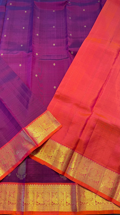 DARK RASBERRY WITH CONTRAST KANAKAMBARAM ORANGE GOLD ZARI HANDLOOM KANICHIPURAM SILK SAREE (KSS157)