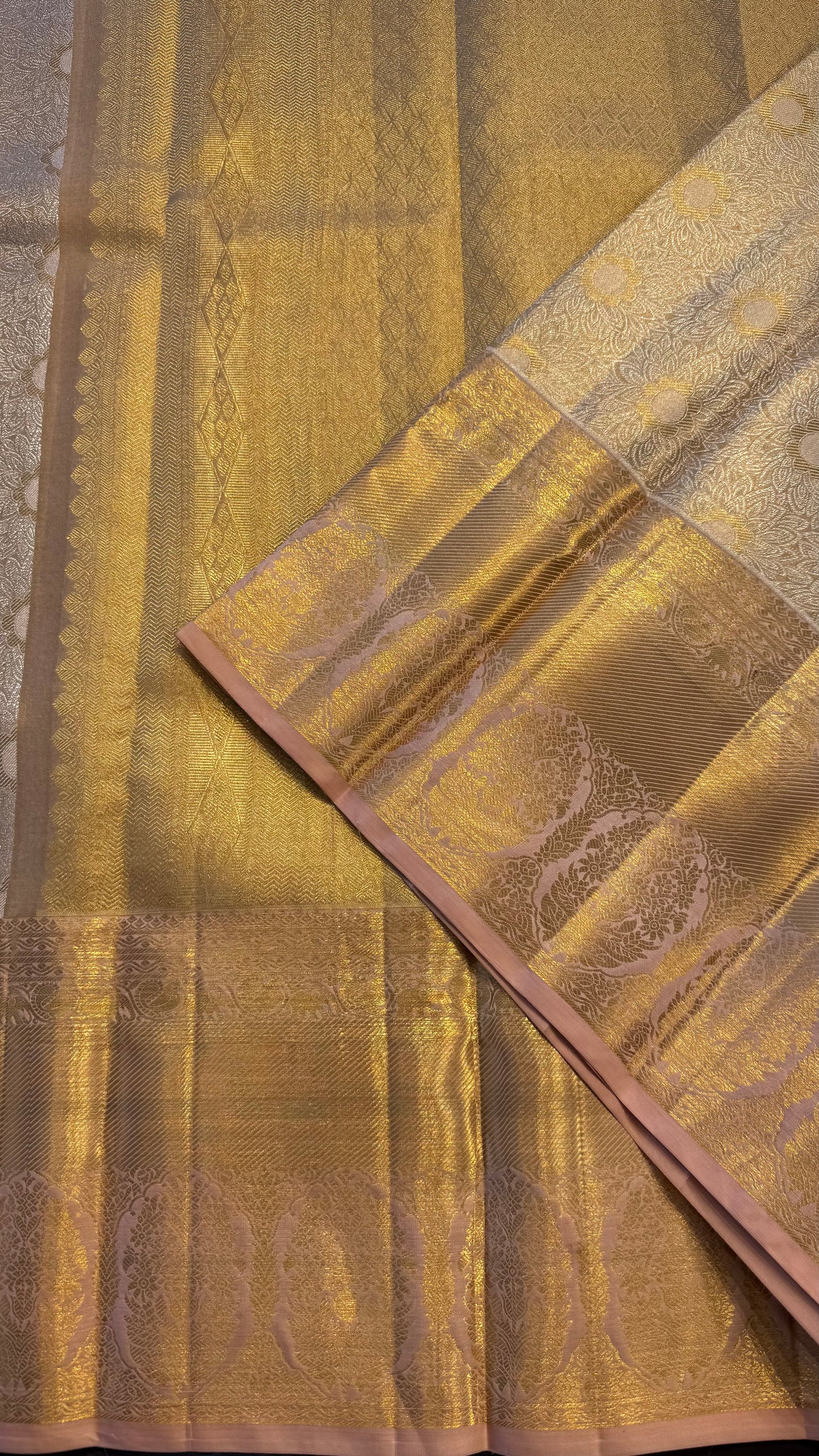 GOLDEN PEACH FULL ZARI HANDLOOM KANCHIPURAM SILK SAREE (KSS439)