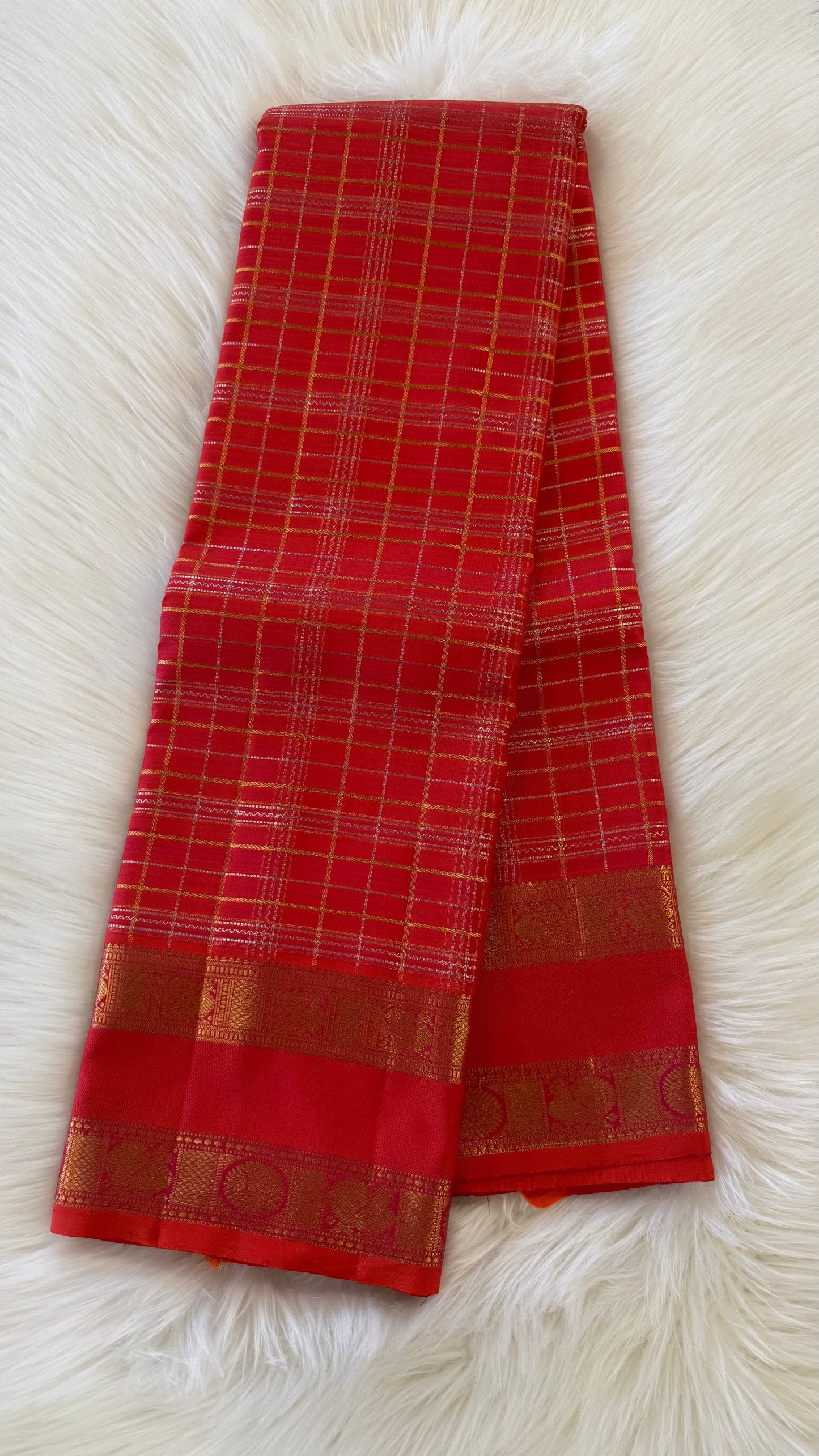 DUAL TONE ORANGE CHECKED GOLD ZARI HANDLOOM KANICHIPURAM SILK SAREE (KSS112)