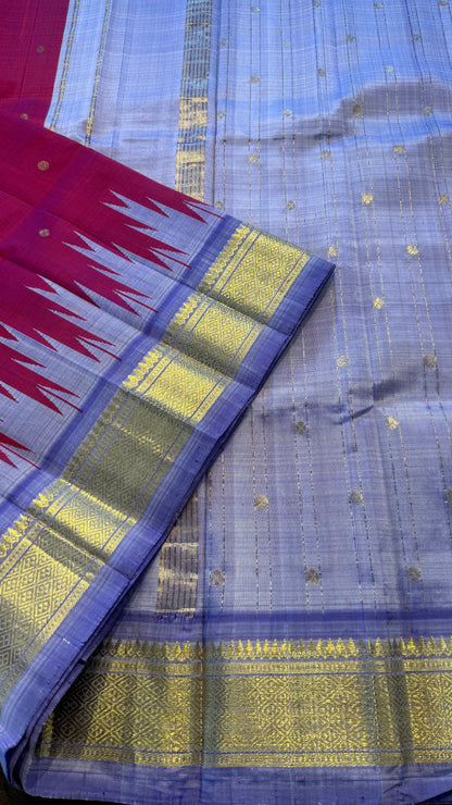 RASBERRY DUAL TONE WITH THALAMPOO LAVENDER BORDER PURE HANDLOOM KANCHIPURAM SINGLE SIDE BORDER SILK SAREE (KSSB 42)