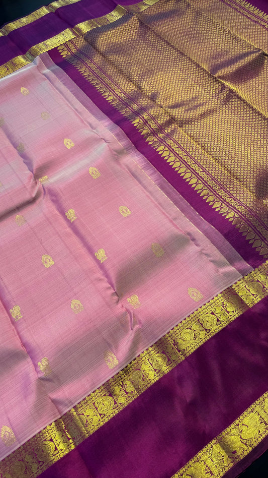 LIGHT PASTEL PINK WITH CONTRAST VADAMALLI PURPLE KANICHIPURAM HANDLOOM SILK SAREE (KSS429)